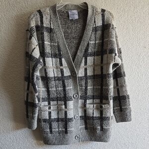 Cyrus Gray and Black Cardigan Sweater with Plaid Pattern